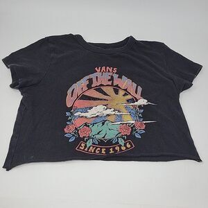 Vans Off The Wall Crop Top T-Shirt Women’s Small Black Sunset Palm Graphic Tee